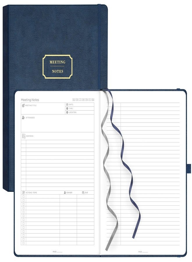 EMSHOI Meeting Notebook for Work with Sticky Tabs - 240 Pages, A4 Size Project Planner, PU Leather Meeting Agenda/Minutes Organizer for Women Men, Note Taking, Office & Business, 8.3"x11.7", Blue - Image 1